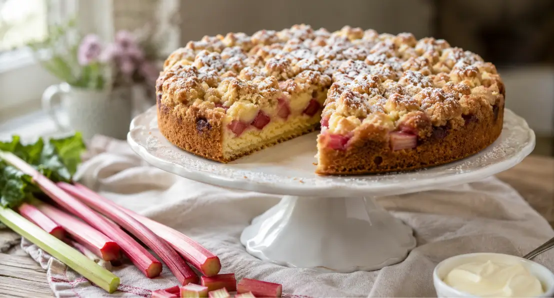 Rhabarberkuchen mit Vanillecreme und Streuseln